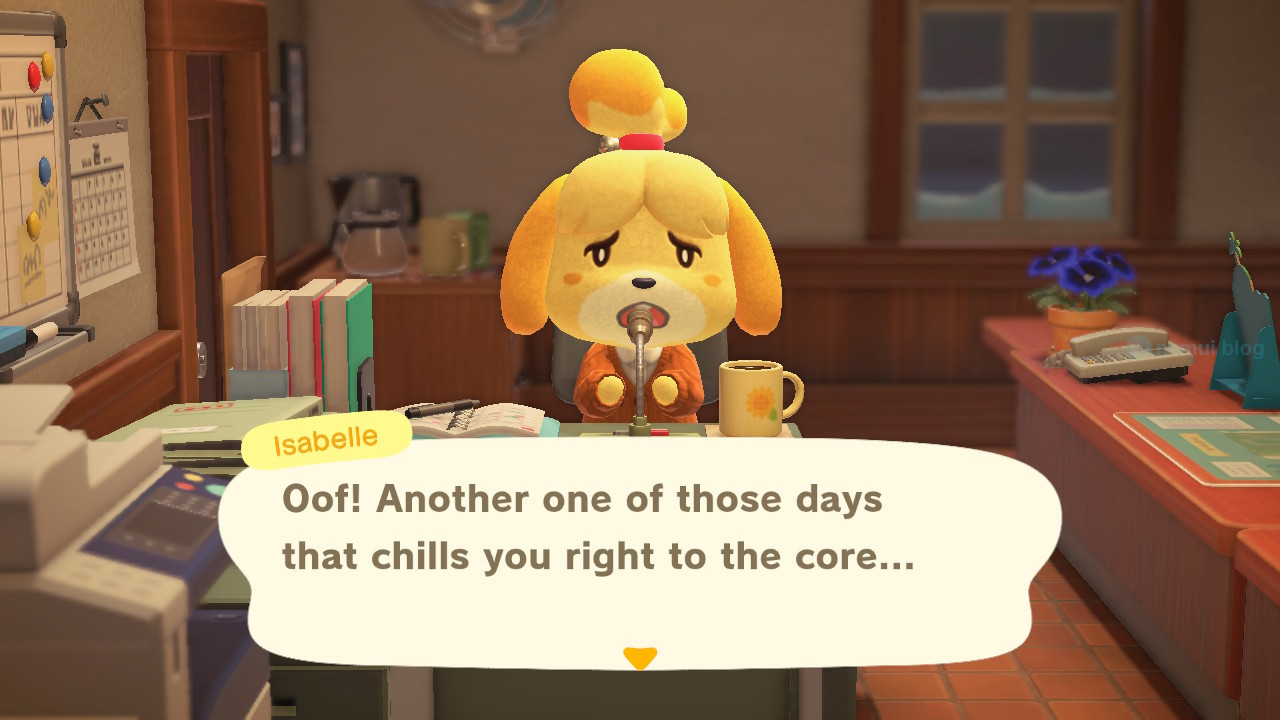 Animal Crossing: Isabelle announcing the weather