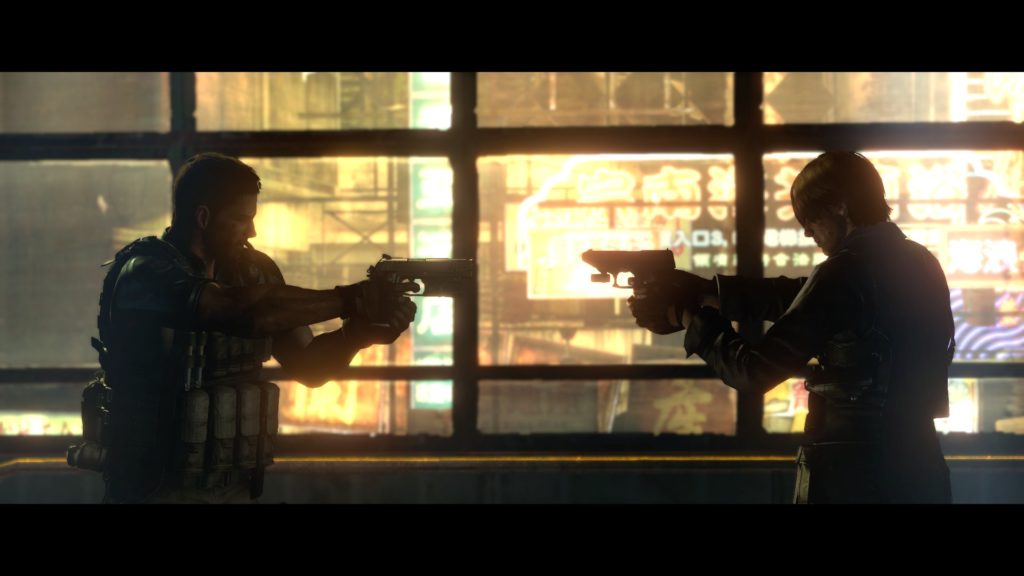 Resident Evil 6. Leon and Chris aiming at each other